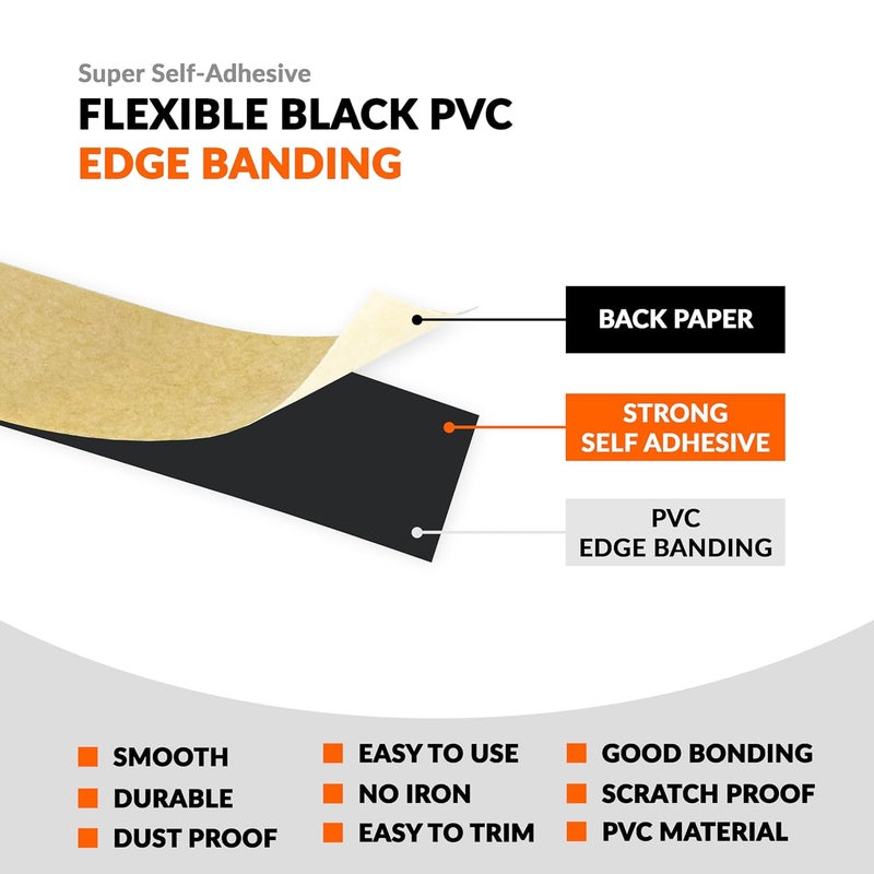 LEAFLEX Black PVC 5/8 inch x 50 ft Edge Banding Peel and Stick Strong Adhesive Edging Trim Flexible and Durable Veneer for Wood Cabinate Laminate Shelf Restoration - Image 3